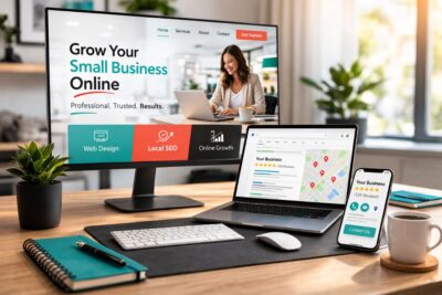 Small business owner managing website, Google reviews, and online presence in 2026